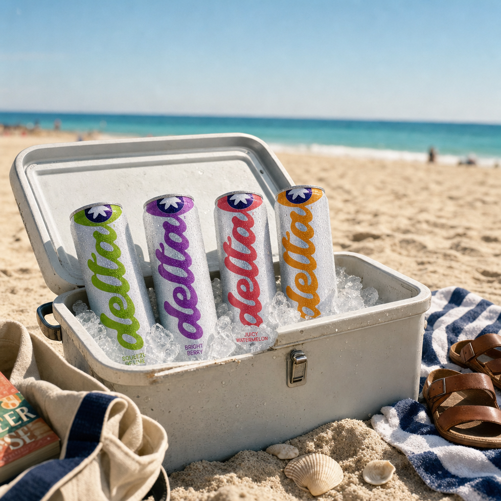 Beach cooler stocked with Delta cans in the sand
