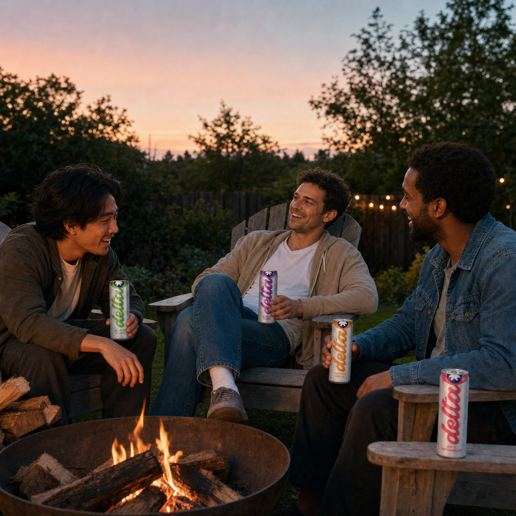 Backyard adirondack chairs around a firepit with Delta cans